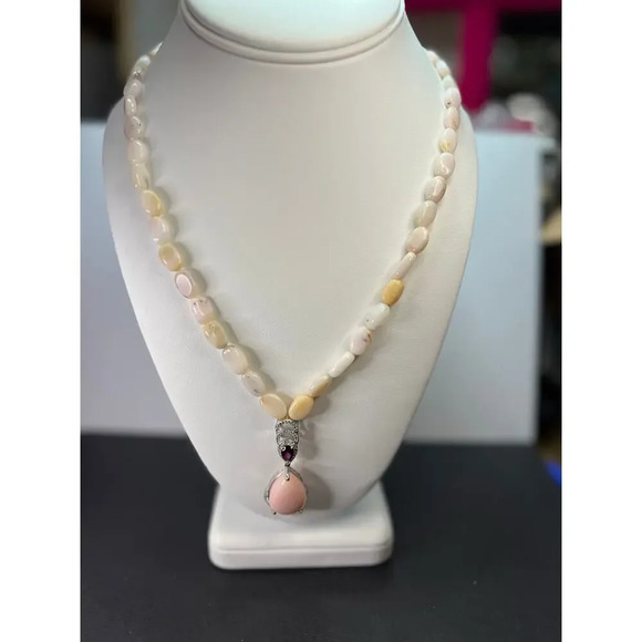 Peruvian pink opal and raspberry rhodolite garnet sterling silver necklace - Picture 6 of 9